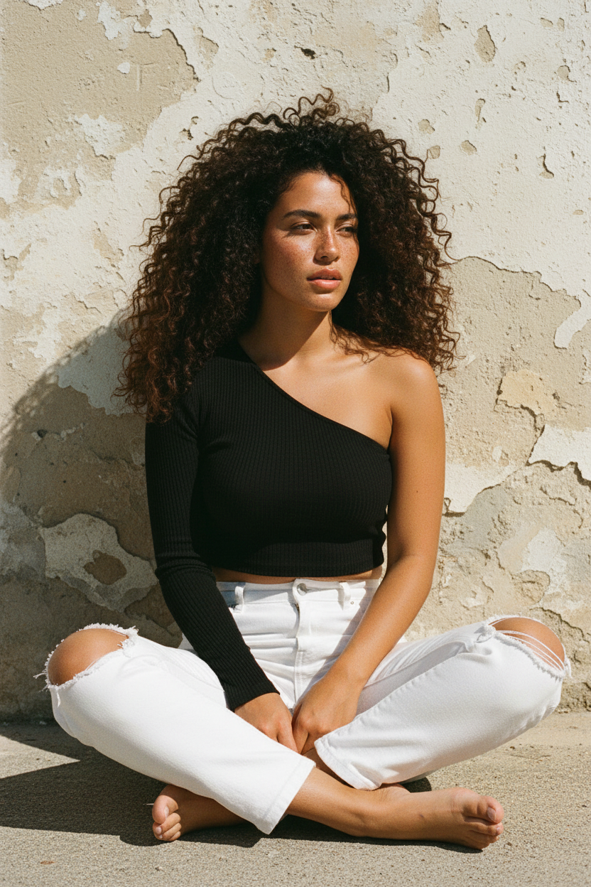 One-Shoulder Ripp-Crop-Top Schwarz – Stehend mediterrane Gasse