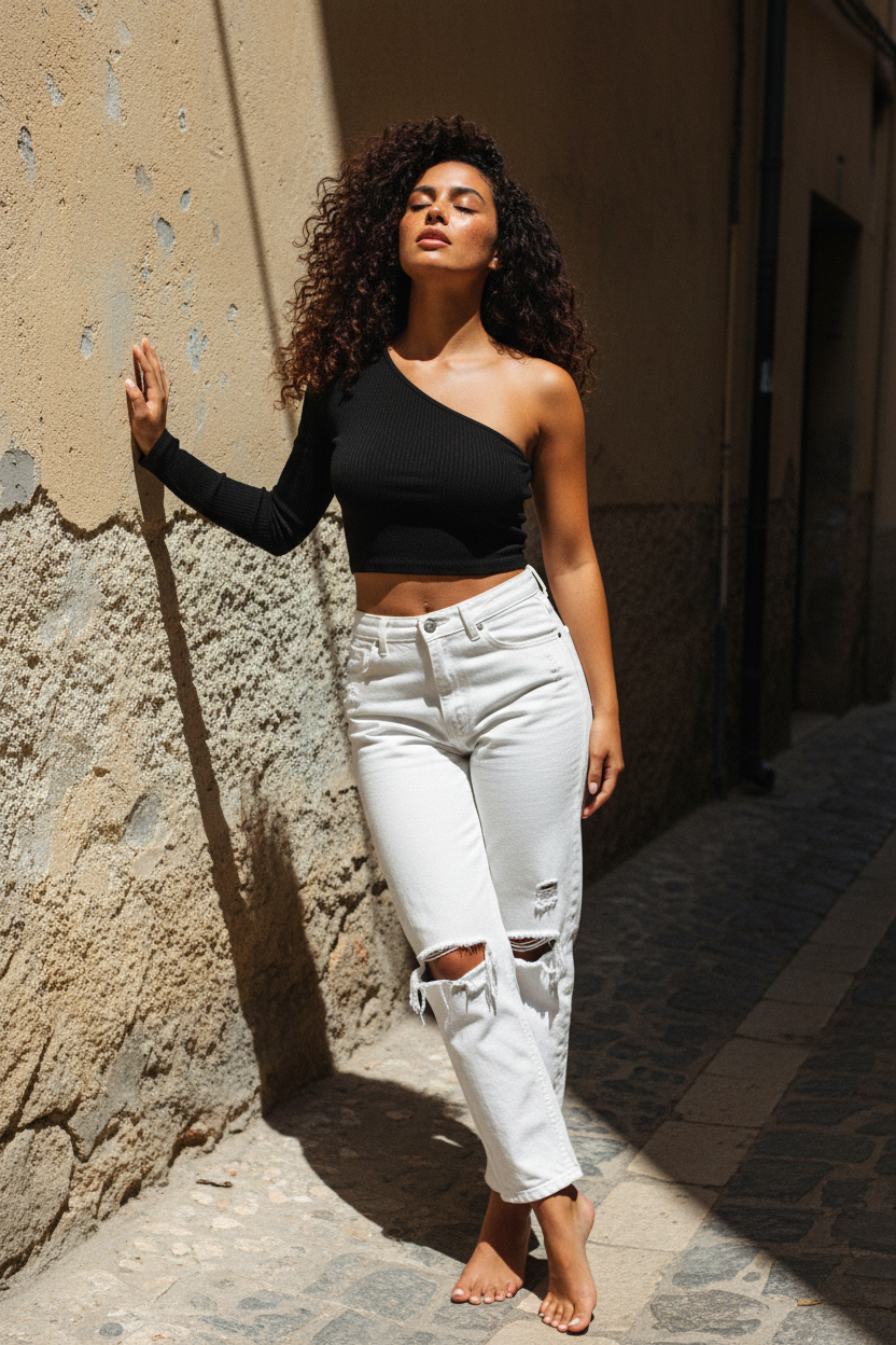 One-Shoulder Ripp-Crop-Top Schwarz – Stehend Steinmauer