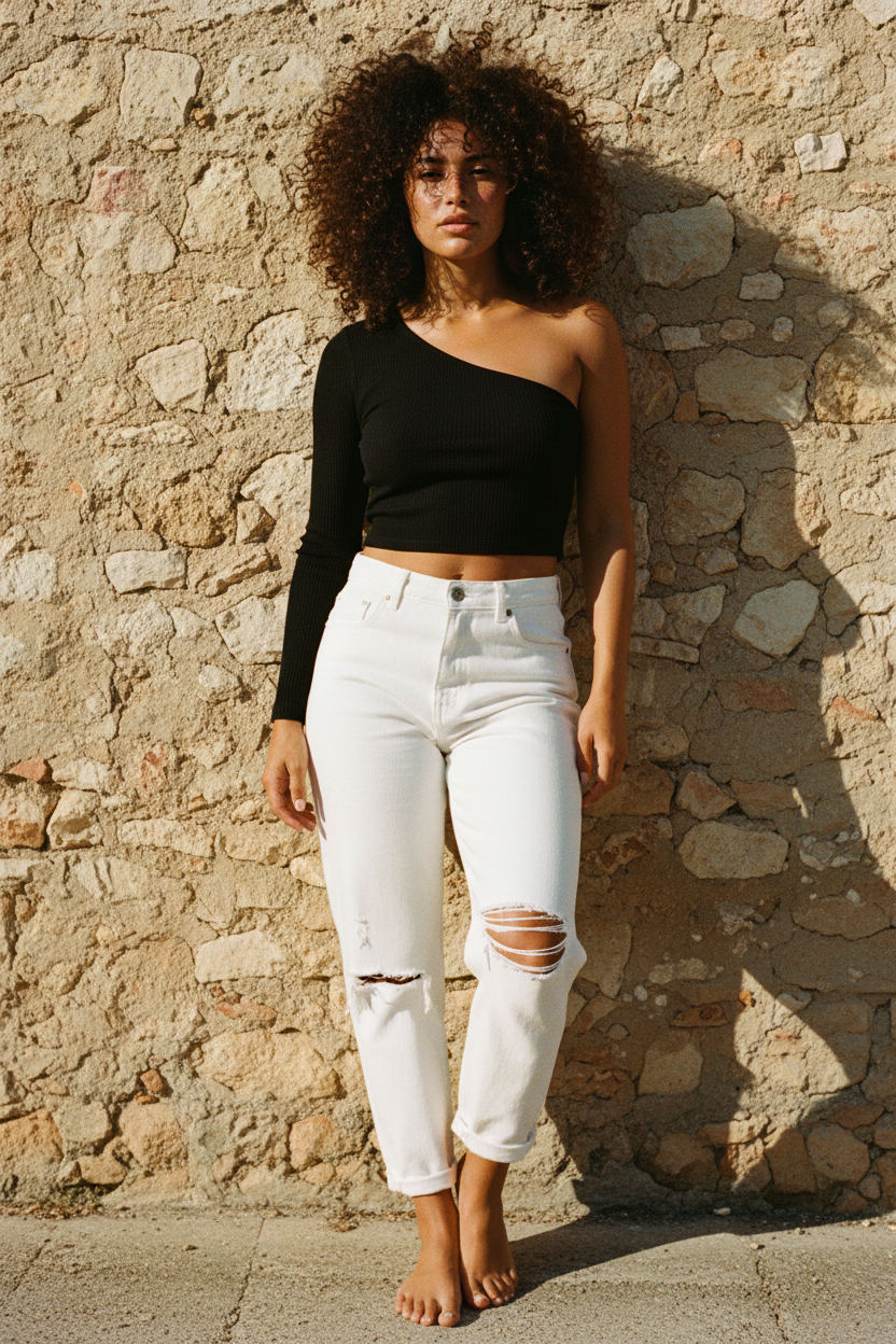 One-Shoulder Ripp-Crop-Top Schwarz – Hockend verwitterte Wand
