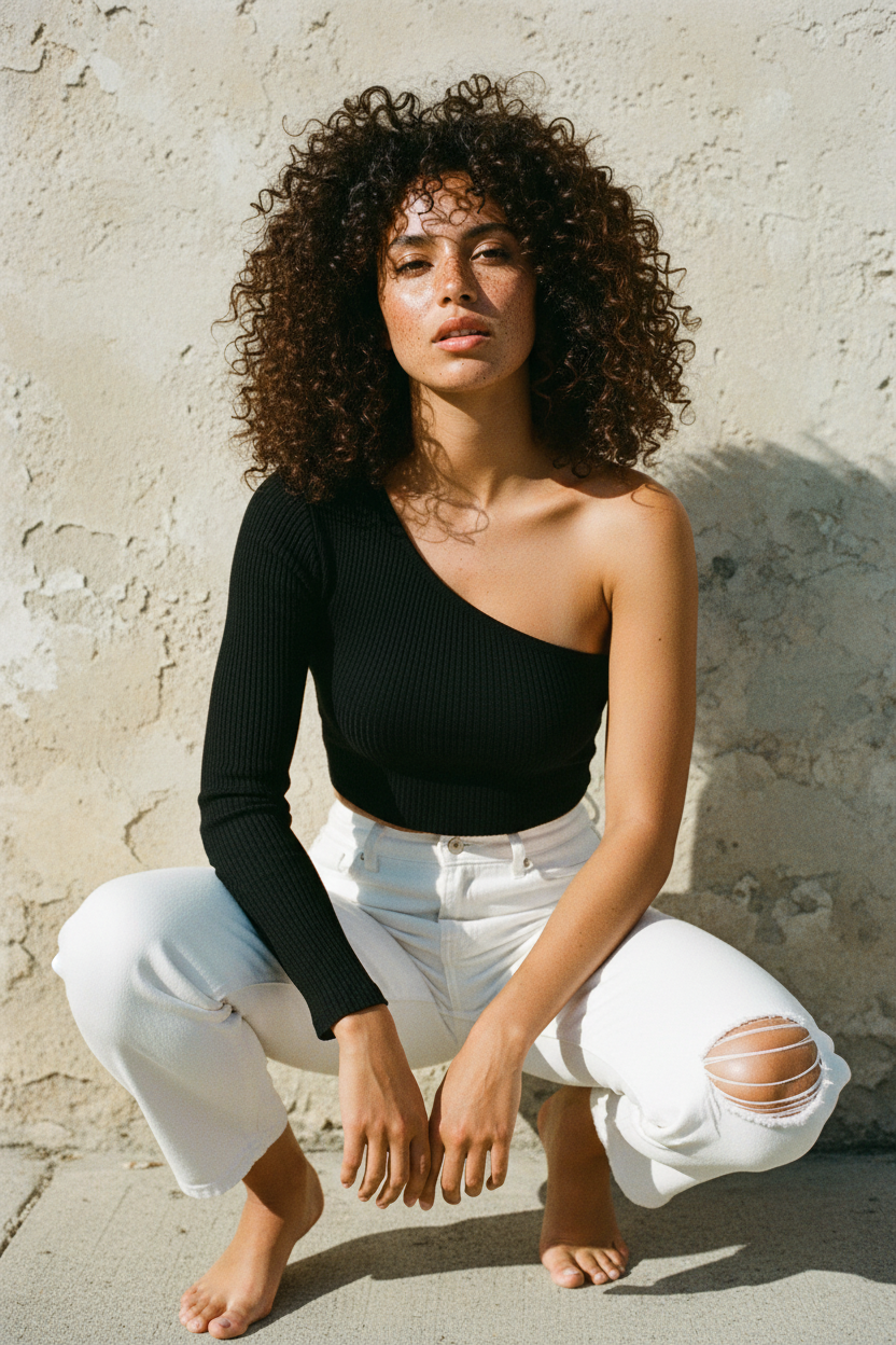 One-Shoulder Ripp-Crop-Top Schwarz – Flatlay mit Schmuck und Eukalyptus