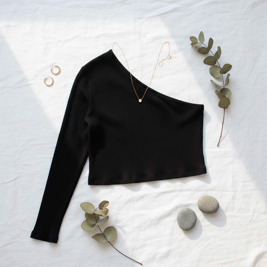 One-Shoulder Ripp-Crop-Top Schwarz – Detailansicht