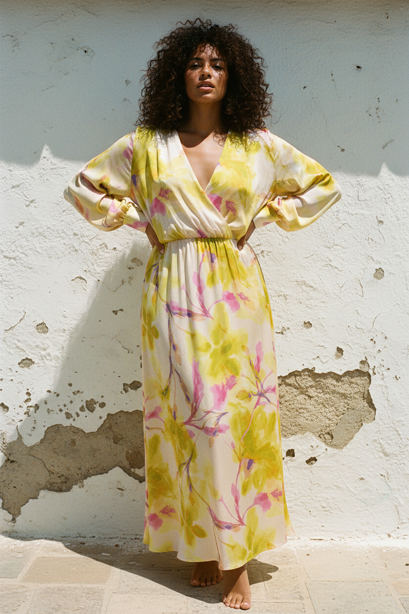 Maxi-Seidenkleid Blumenprint Ibiza – Frontansicht an Mauer