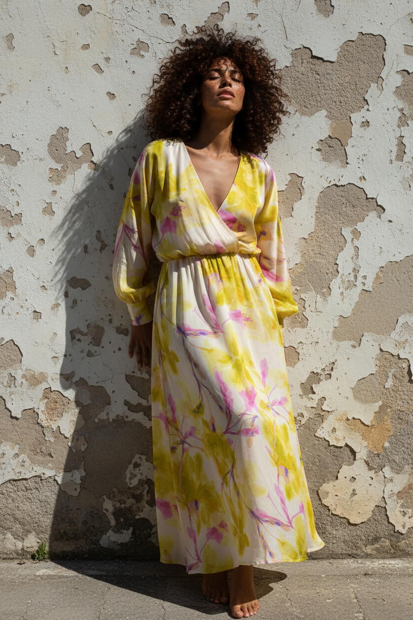 Maxi-Seidenkleid Blumenprint – Hände in Hüften, weiße Wand