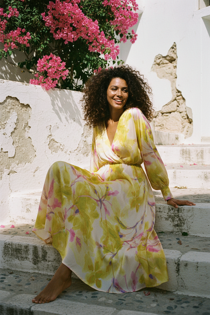 Maxi-Seidenkleid Blumenprint – Sitzend auf Treppe mit Bougainvillea
