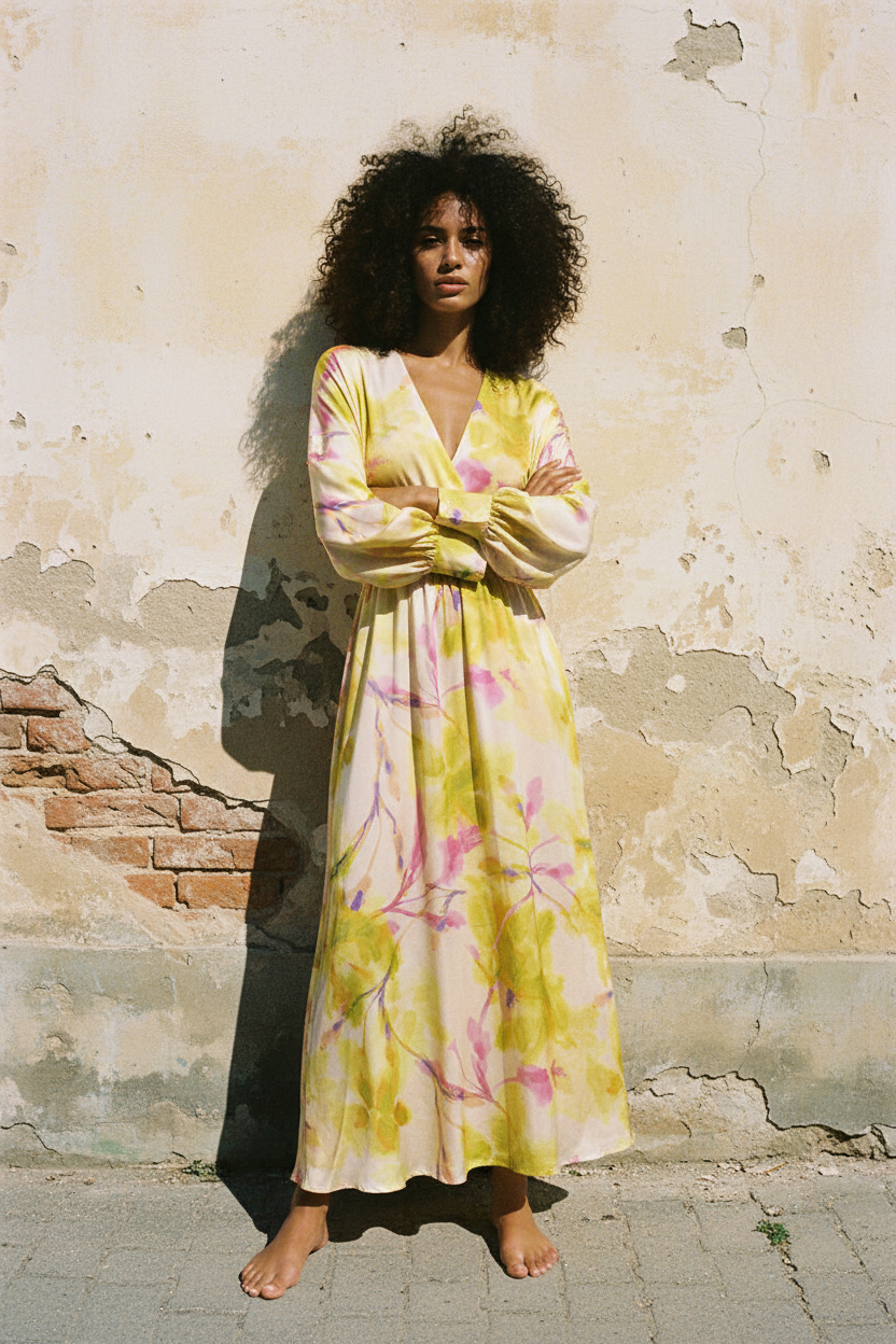 Maxi-Seidenkleid Blumenprint – Lehnend an Mauer, Seitenansicht