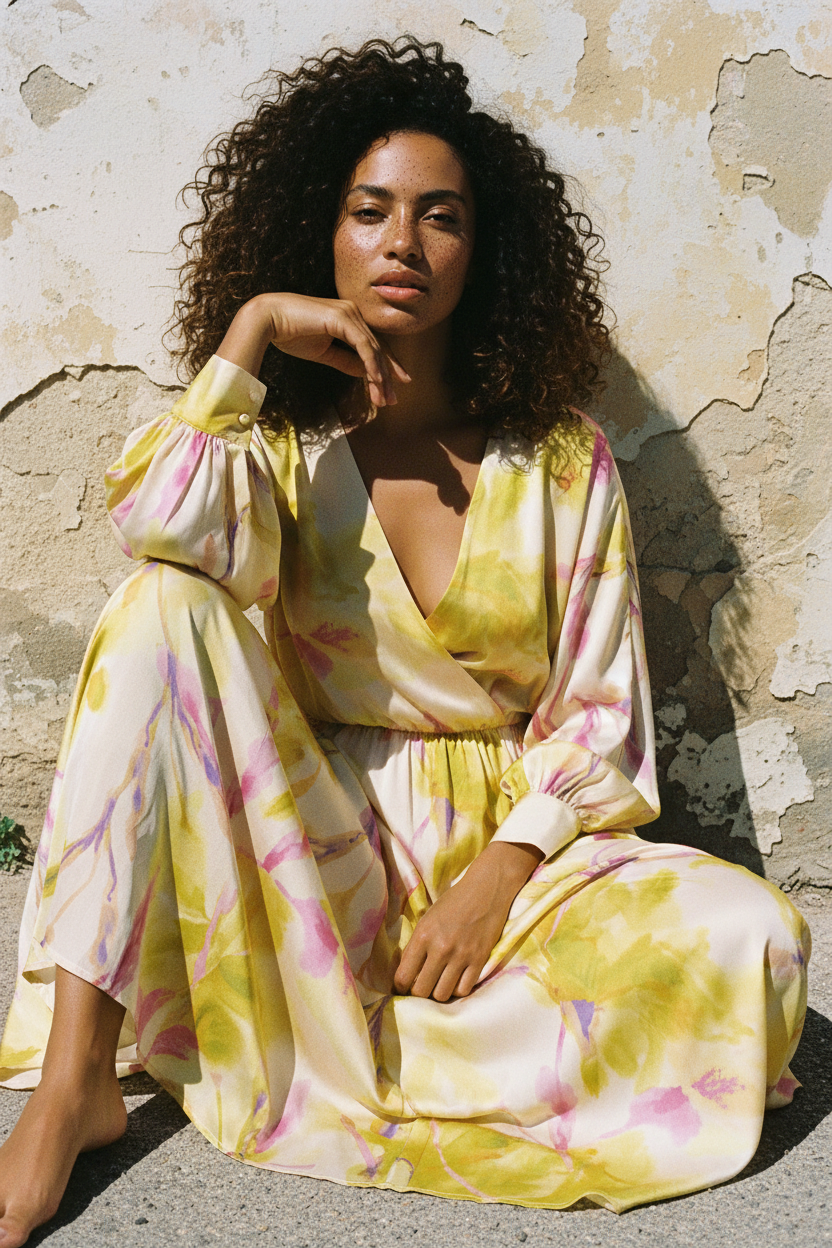 Maxi-Seidenkleid Blumenprint – Sitzend auf Boden, Editorial