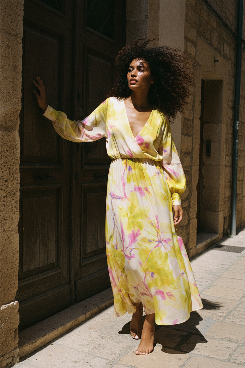 Maxi-Seidenkleid Blumenprint – Rückenansicht in mediterraner Gasse