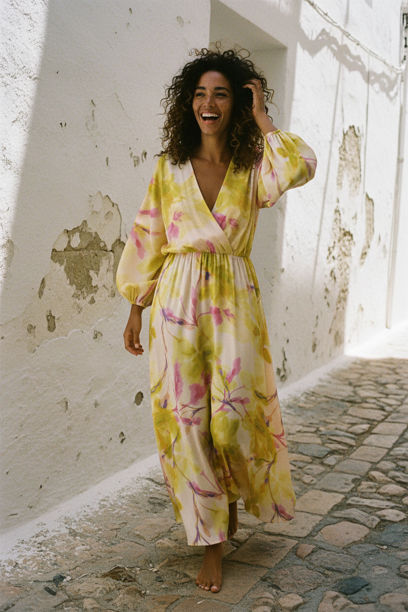 Maxi-Seidenkleid Blumenprint – Ganzkörper Editorial