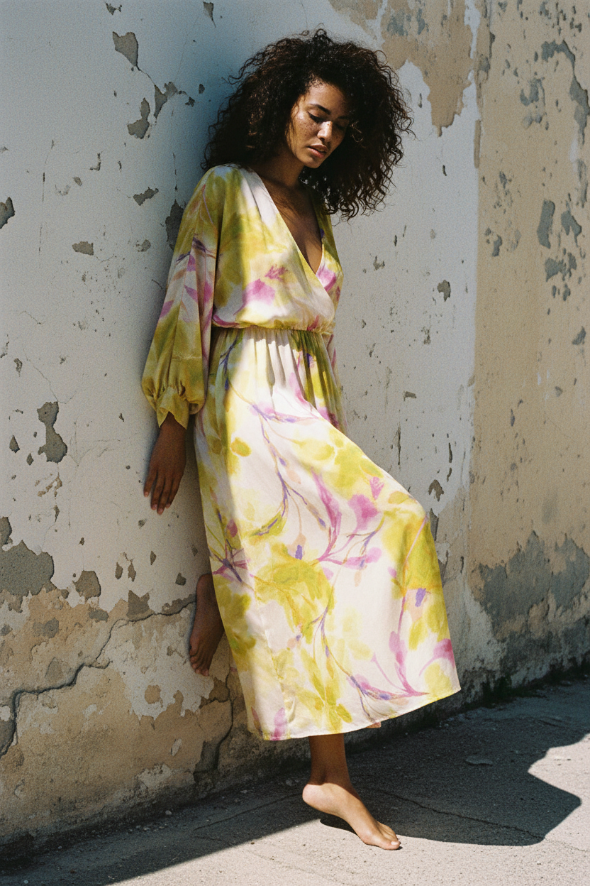 Maxi-Seidenkleid Blumenprint – Bewegungsaufnahme