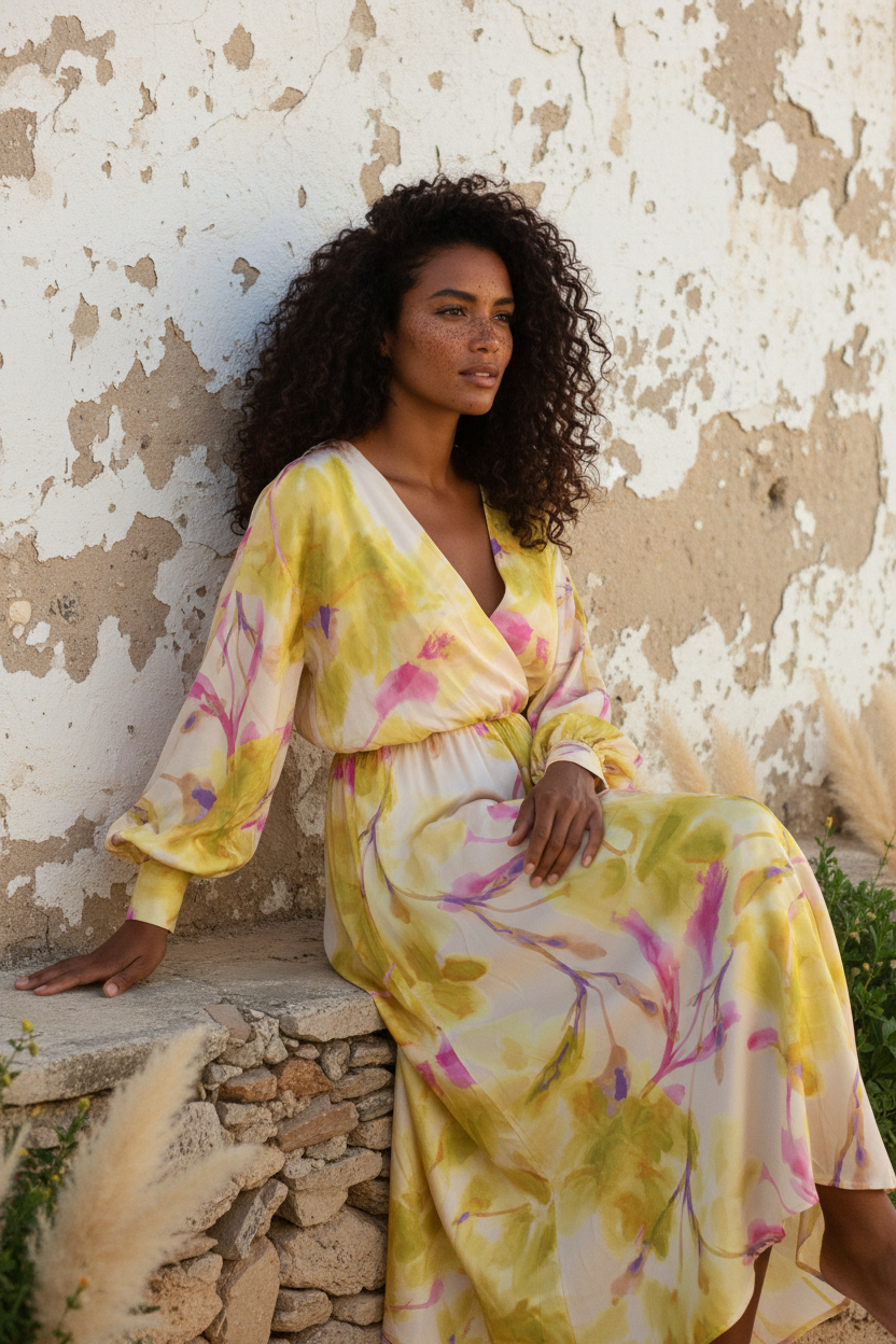 Maxi-Seidenkleid Blumenprint – Nahaufnahme Stoff