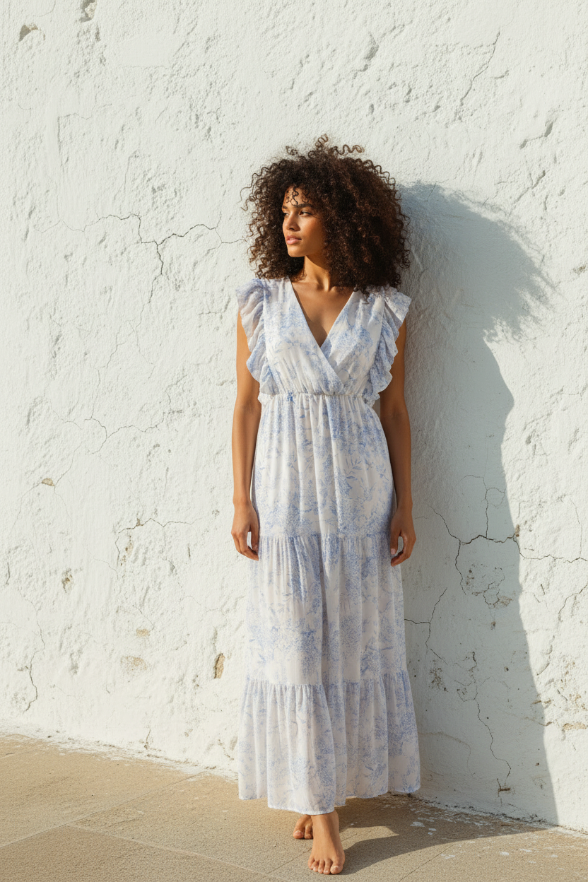 Azzurra Maxi-Kleid – Model an weißer Wand