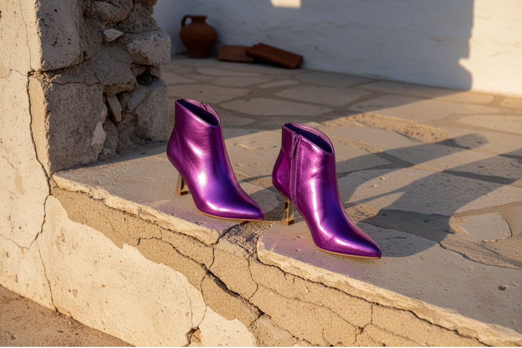 Metallic Ankle Boot Viola – Detailansicht an weißem Kleid