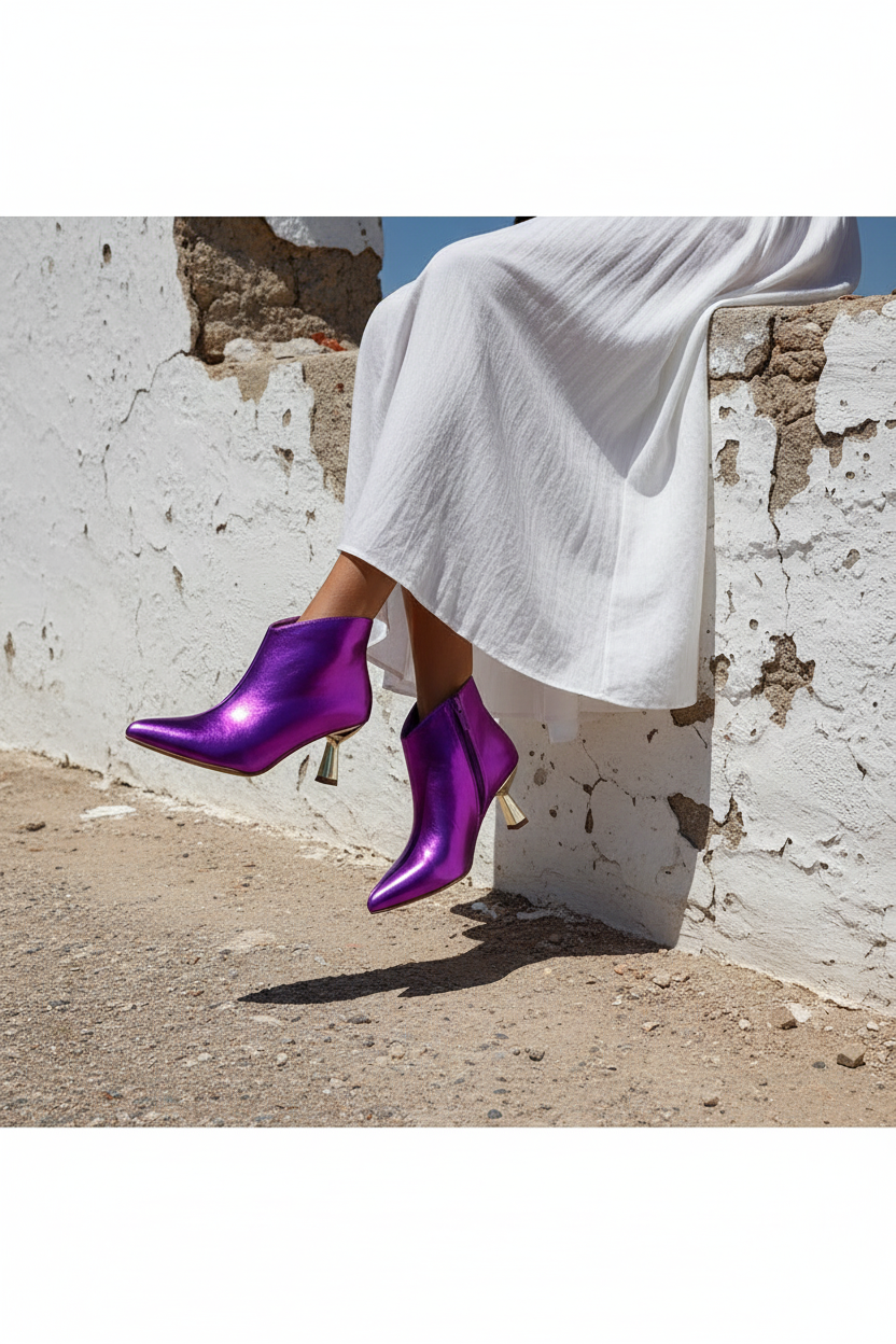 Metallic Ankle Boot Viola – Model lachend auf Bank