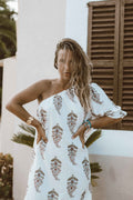 One-Shoulder Kleid Weiß Paisley-Print Ibiza