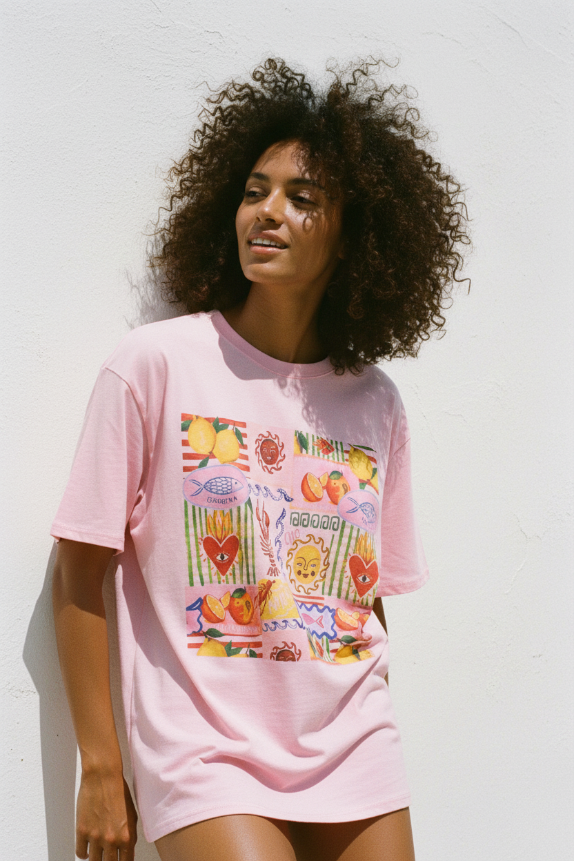 Sicily Graphic Shirt Rosa – Ganzkörper, weiße Wand