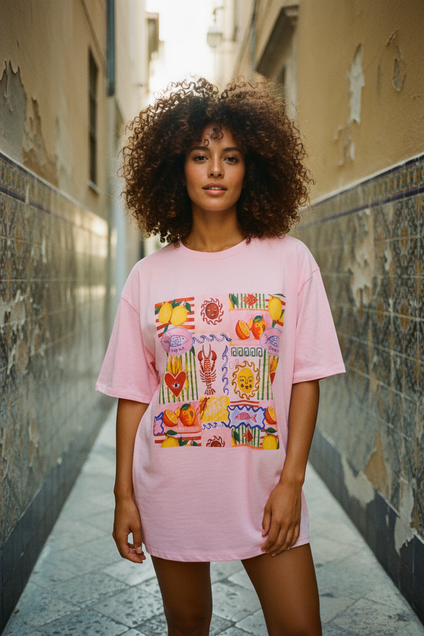 Sicily Graphic Shirt Rosa – Model mit Locken, Gasse