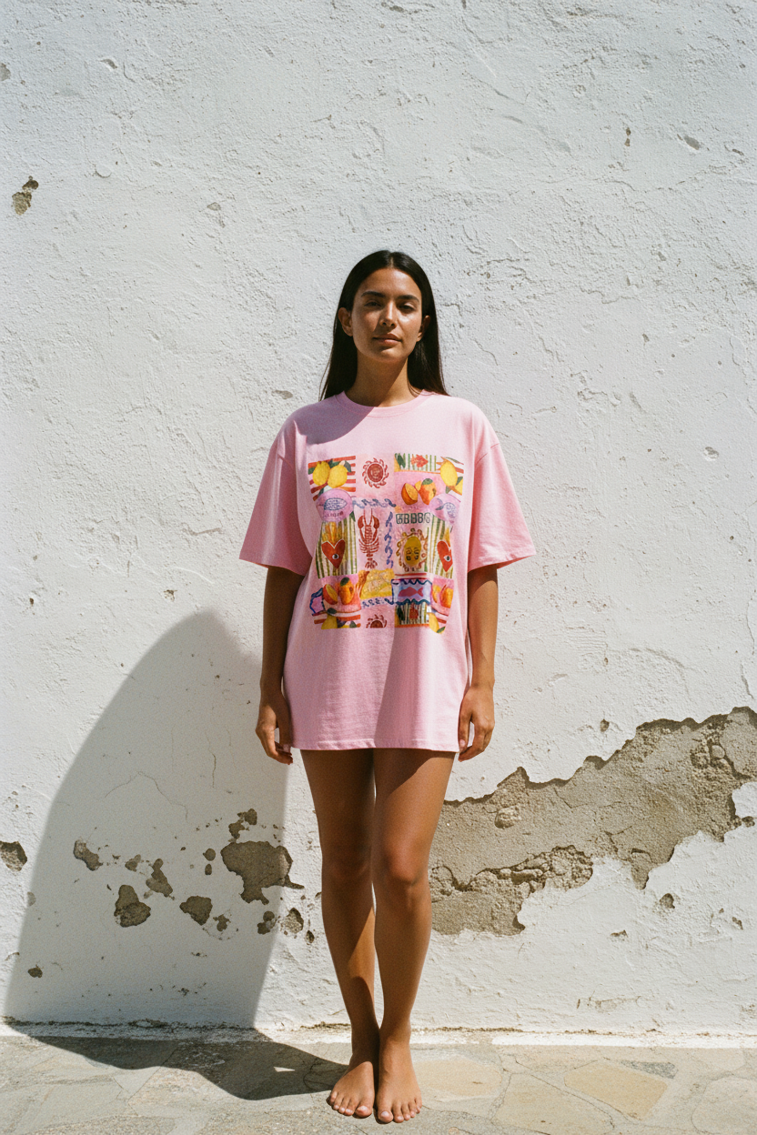 Sicily Graphic Shirt Rosa – Sitzend auf Treppe