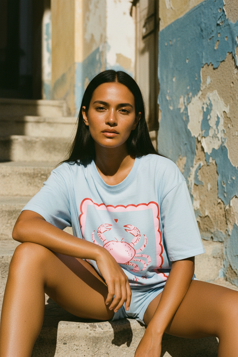 Little Pinch of Love Shirt – Model am Meer, laufend
