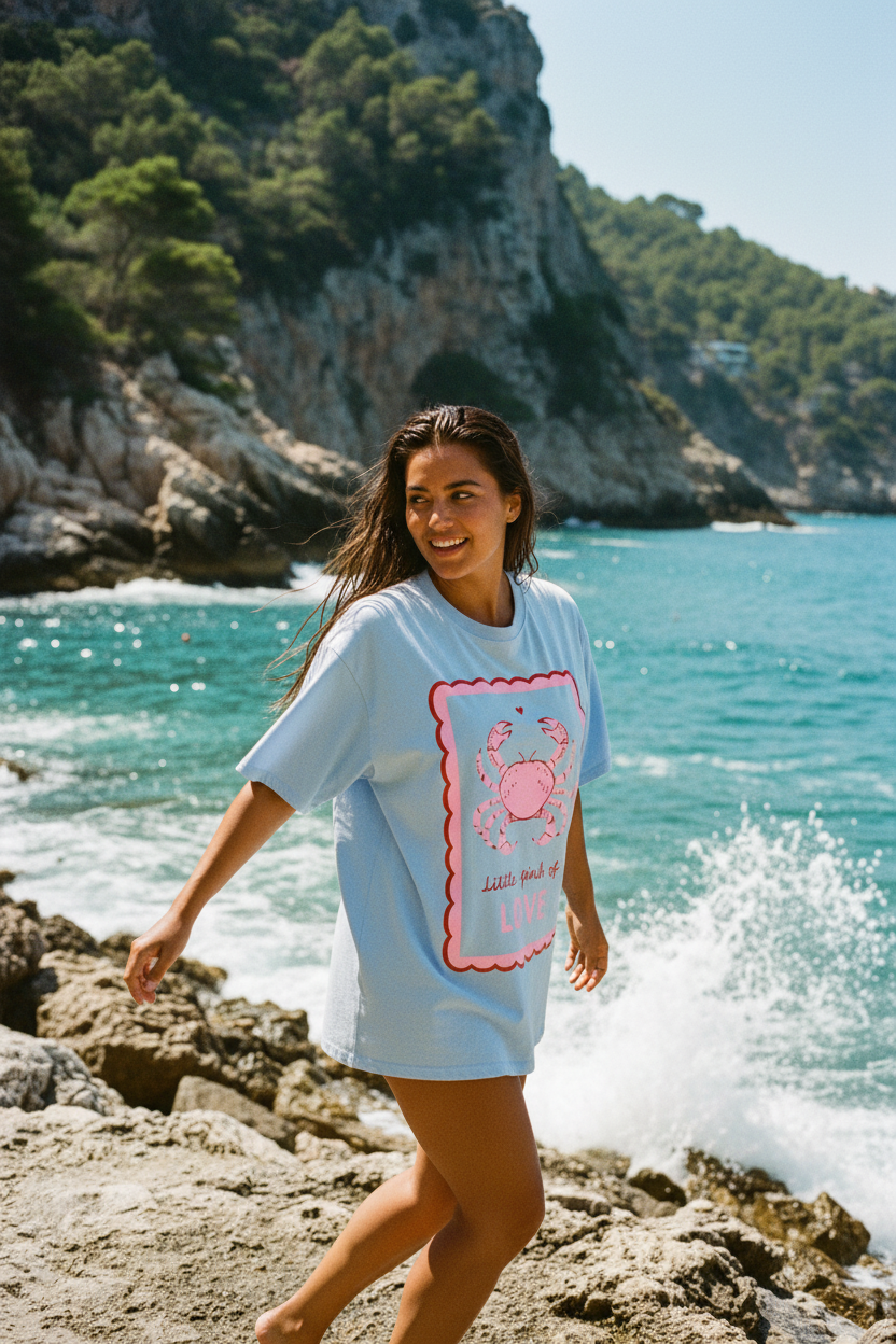Little Pinch of Love Shirt – Model auf Felsen sitzend mit Krabbe