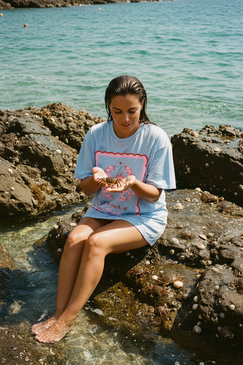 Little Pinch of Love Shirt – Flatlay mit Muscheln und Bougainvillea
