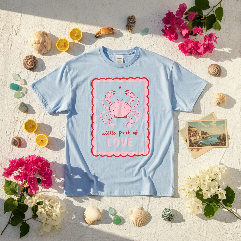 Little Pinch of Love Shirt – Model an weißer Wand mit Bougainvillea