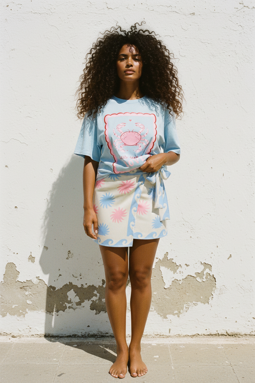 Wickelrock Sole e Mare – Model mit rosa Shirt, weiße Wand