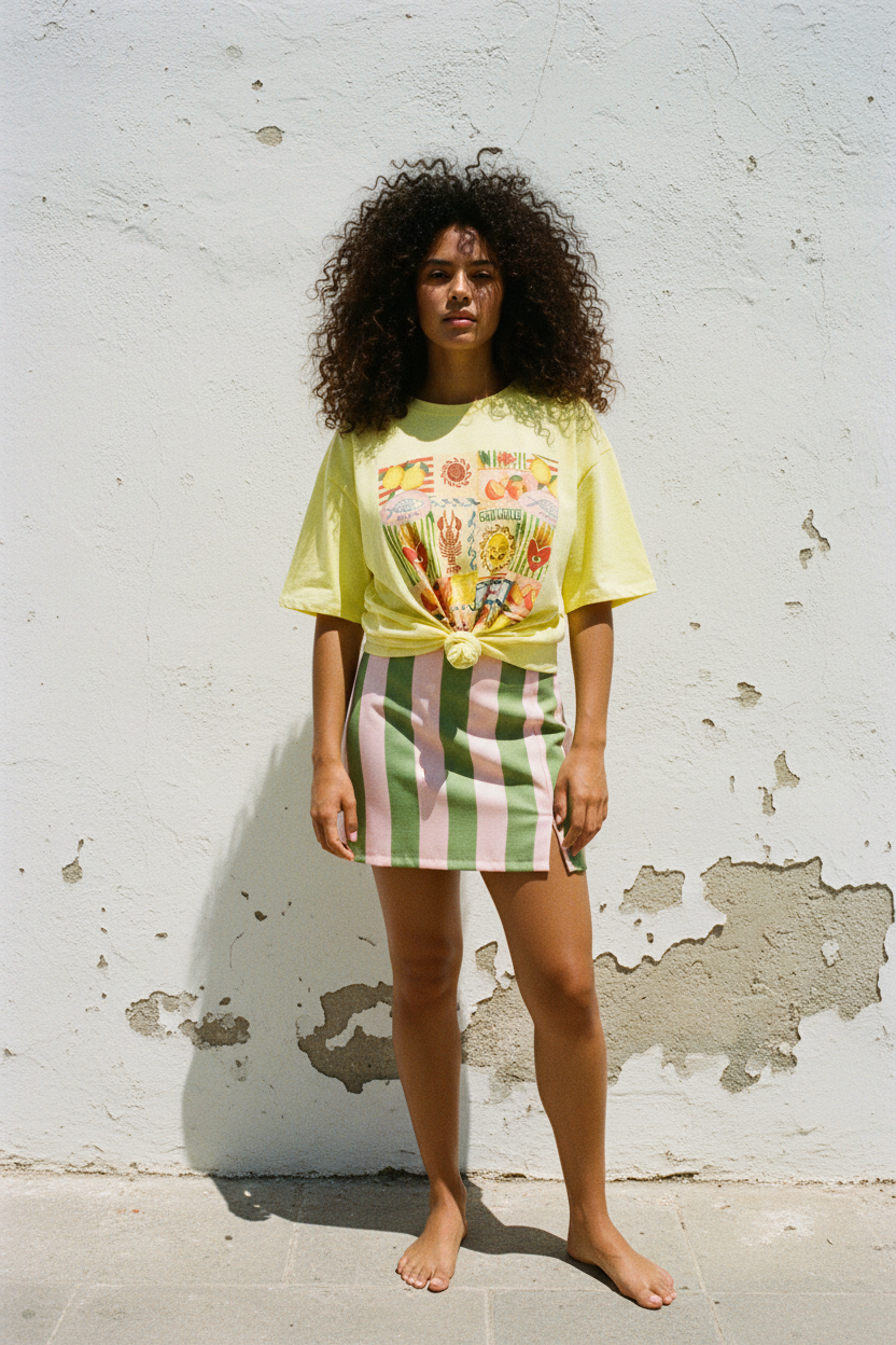Sicily Graphic Shirt – Model mit lockigem Haar, weiße Wand