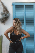 Pailletten Top Schwarz Träger V-Ausschnitt – LACLARA mediterrane Mode