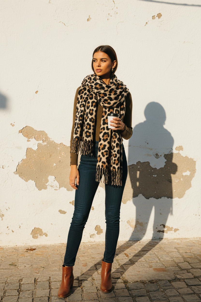 Leoparden Schal XXL – Model trägt Schal