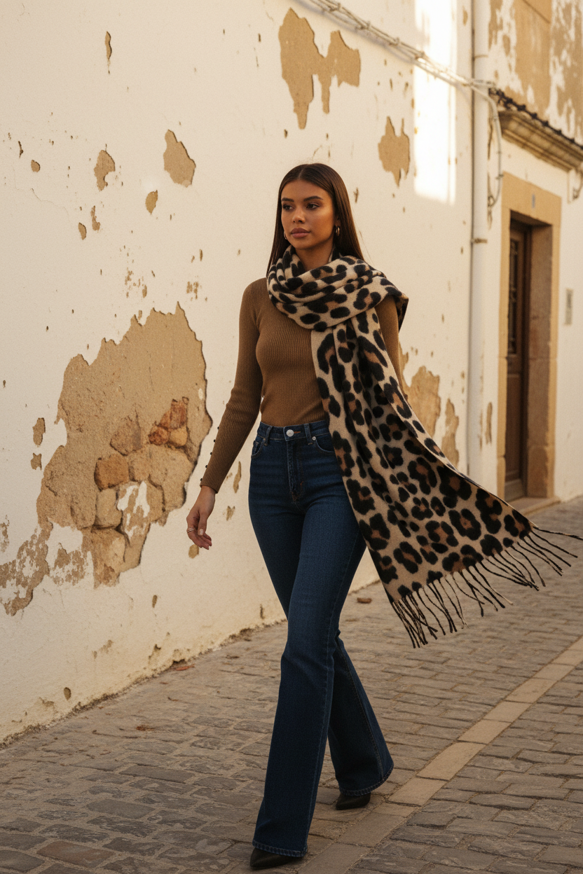 Leoparden Schal XXL – Flatlay mit Lavendel und Oliven
