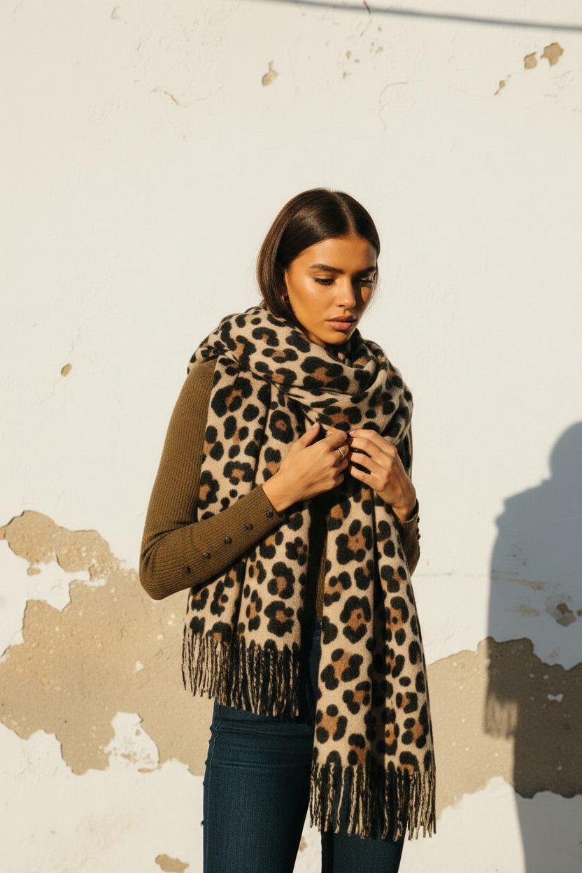 Leoparden Schal XXL – Model auf Treppe