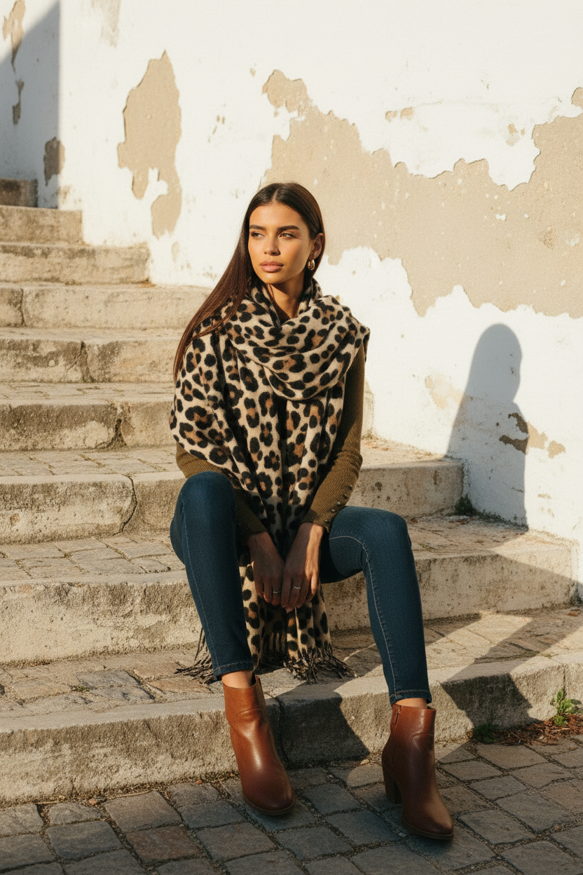 Leoparden Schal XXL – Model mit Kaffee