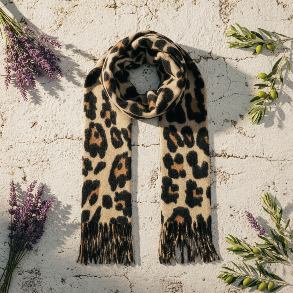 Leoparden Schal XXL – Model läuft durch Gasse