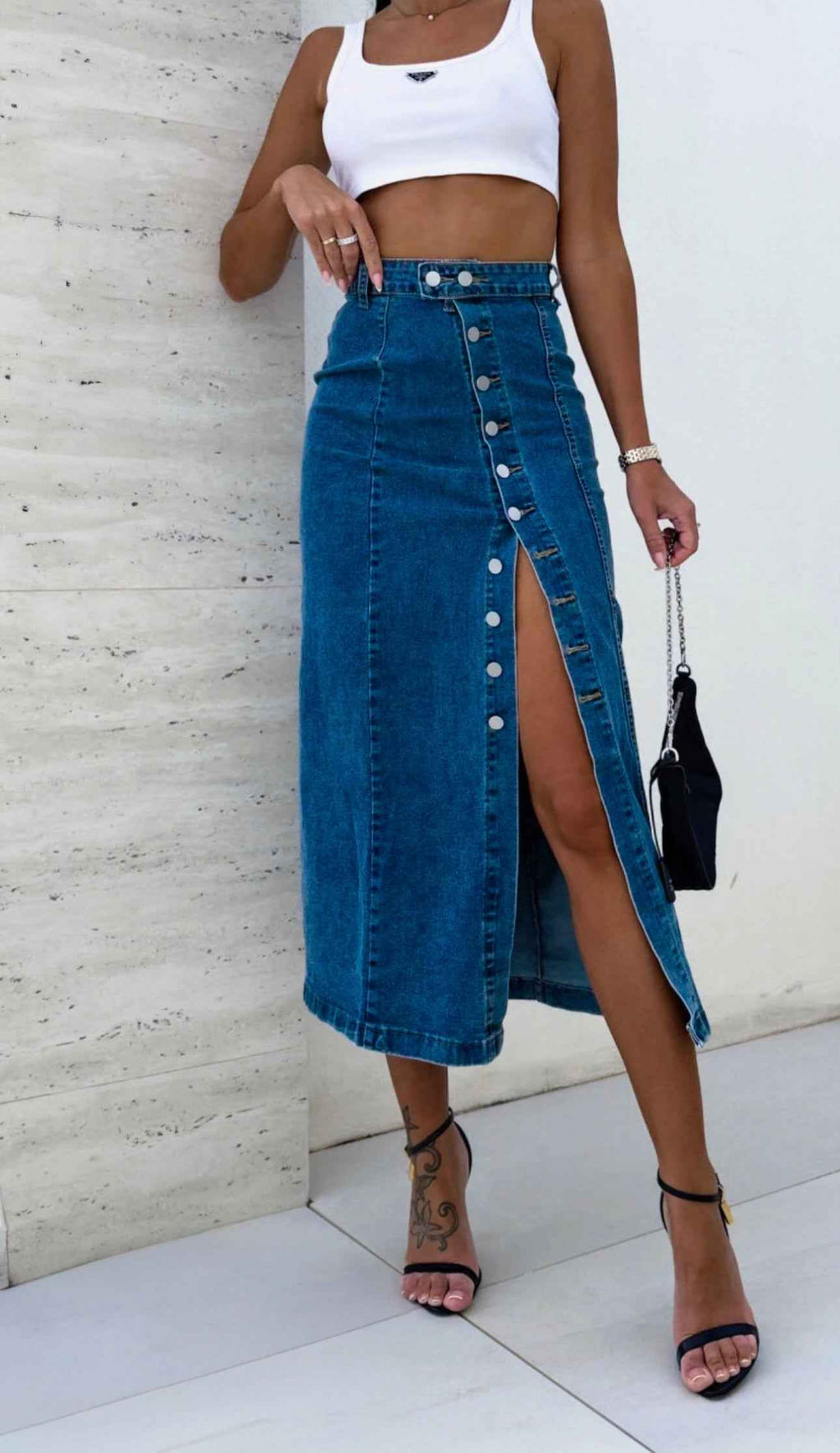 Blauer Denim Maxi-Rock mit Knopfleiste & Schlitz