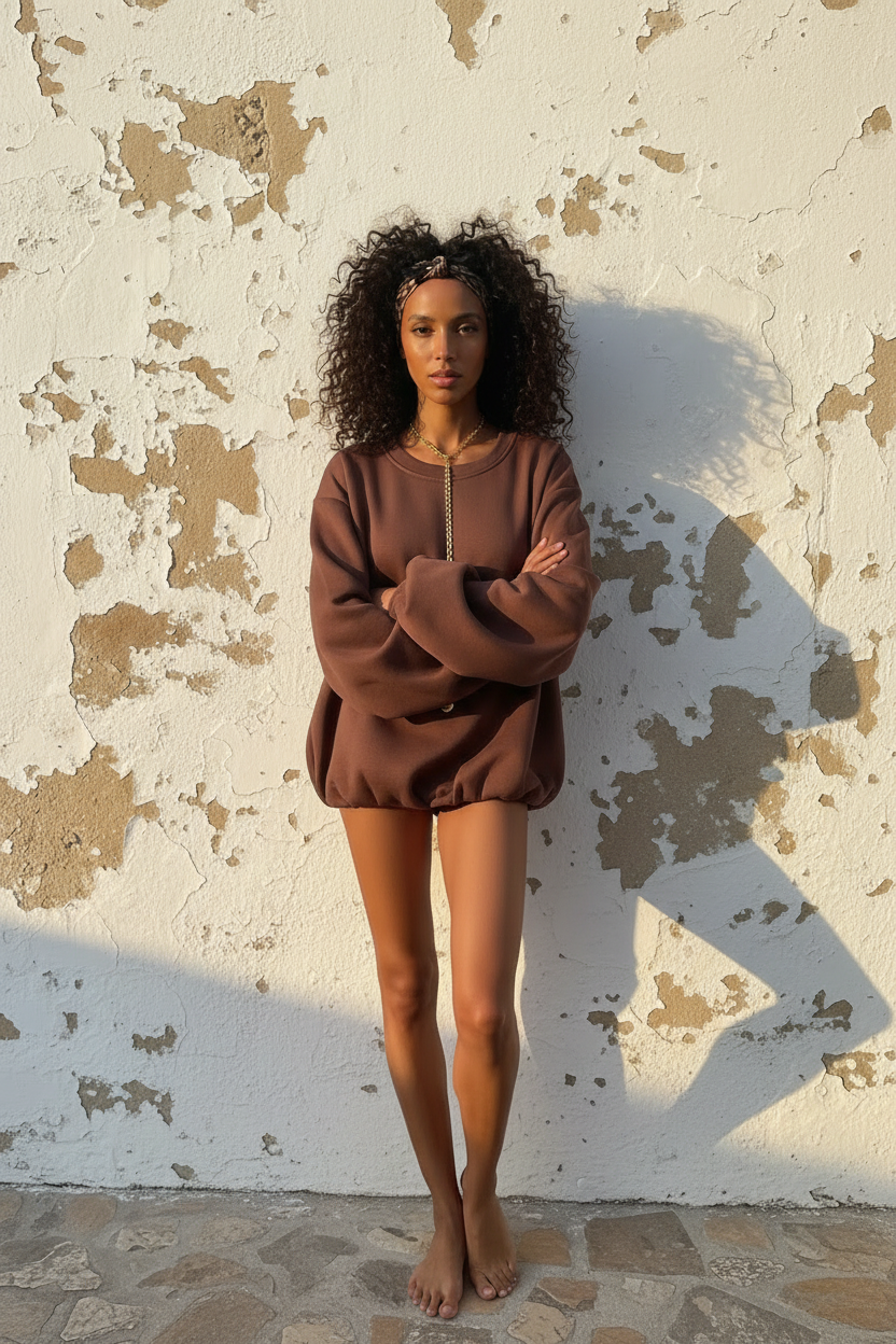 Oversized Ballon Sweatshirt Braun – Arme verschränkt