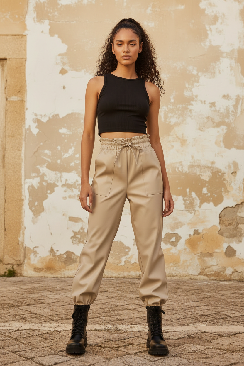 Kunstleder Jogger Hose Beige