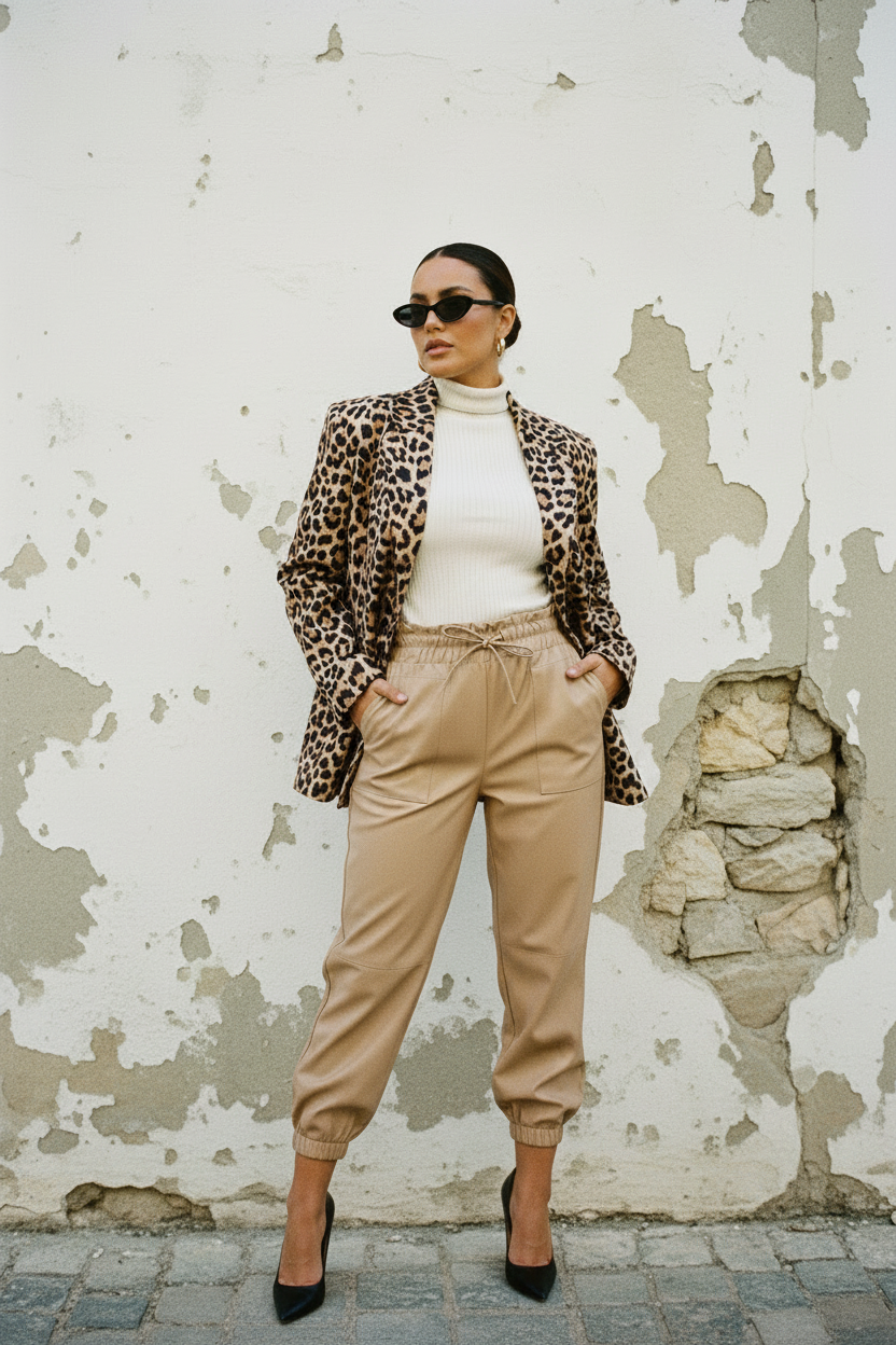 Kunstleder Jogger Hose Beige mit Leoparden-Blazer und Stilettos