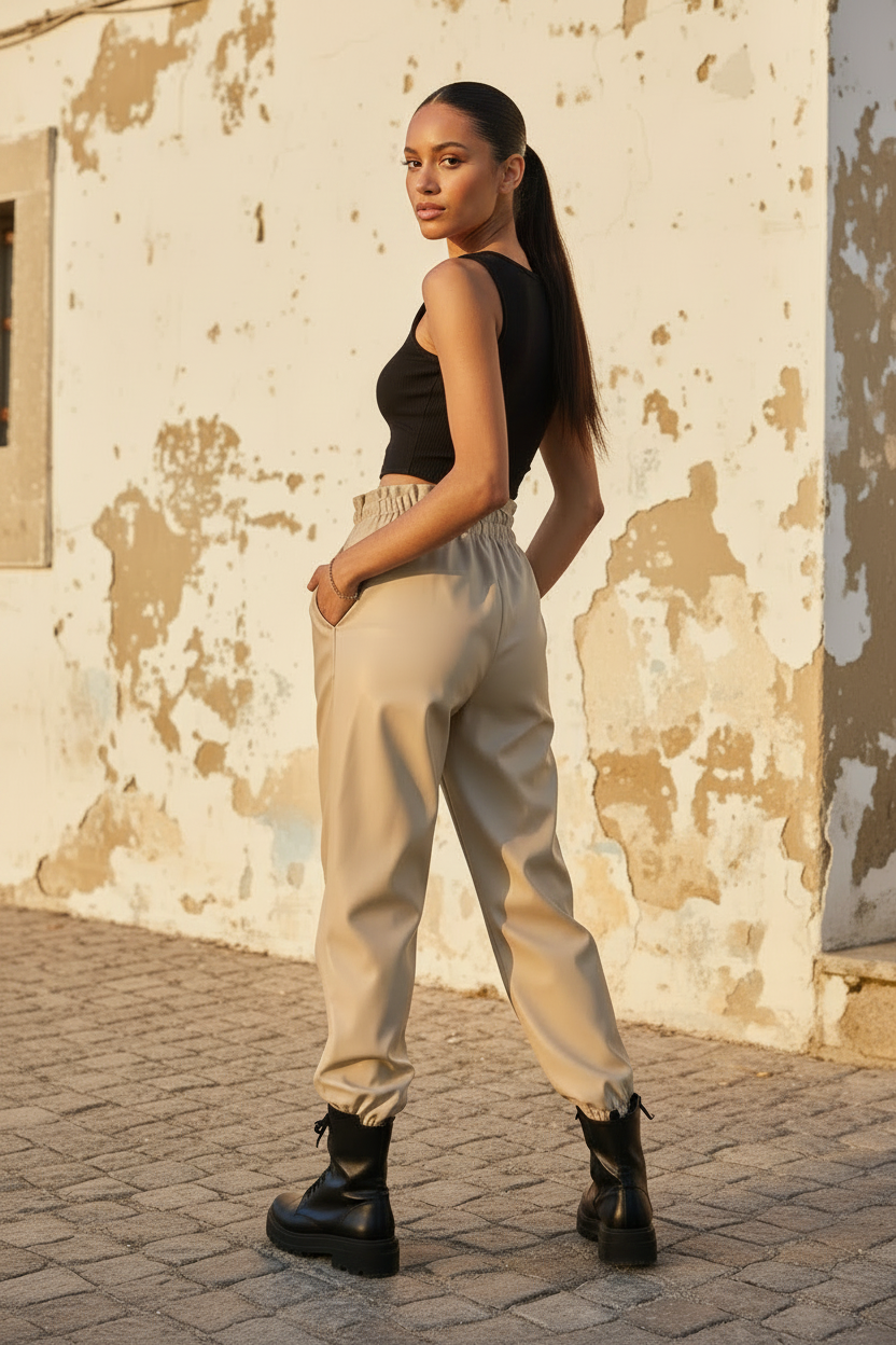 Kunstleder Jogger Hose Beige Rückenansicht