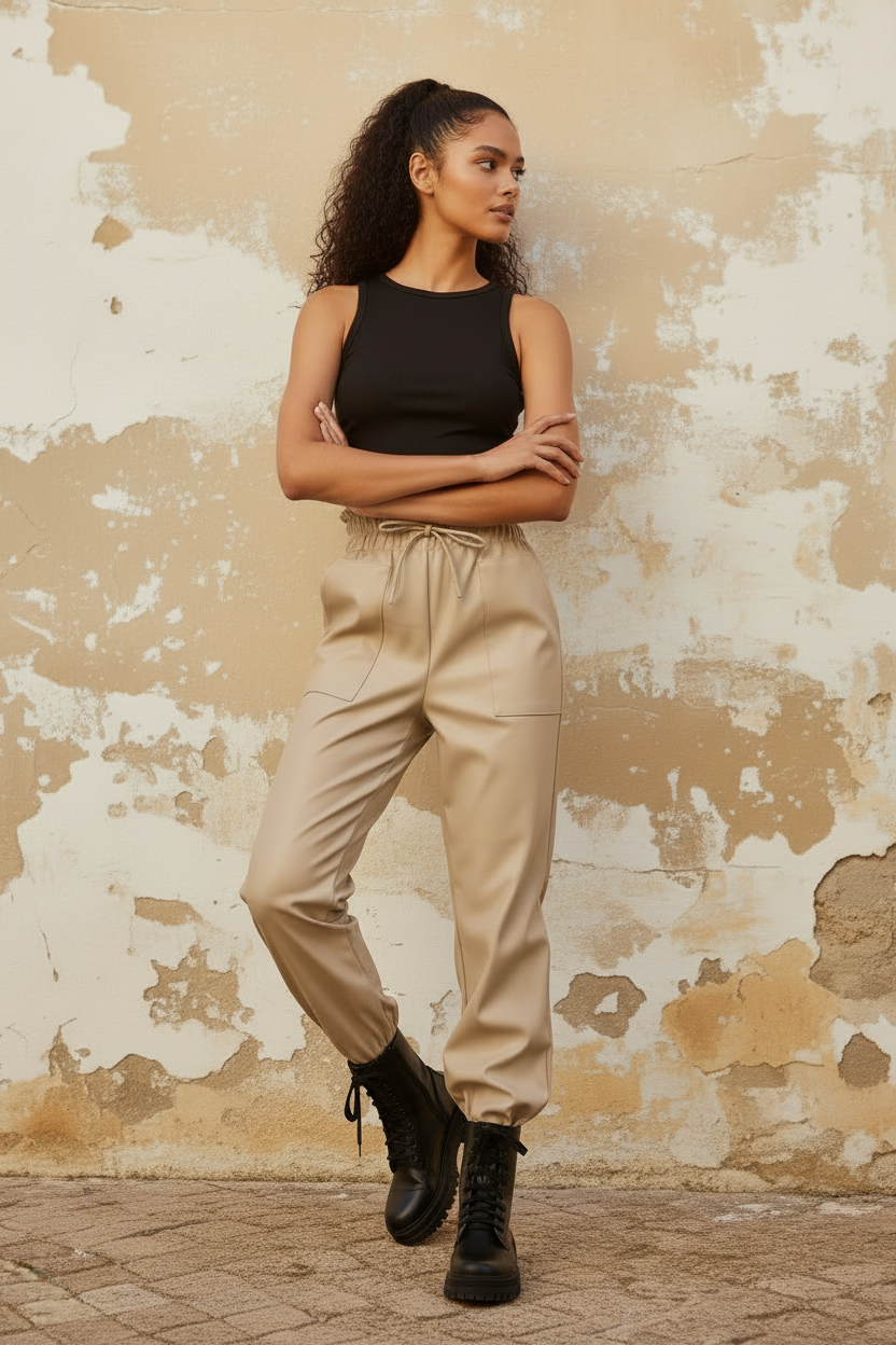 Kunstleder Jogger Hose Beige an der Wand