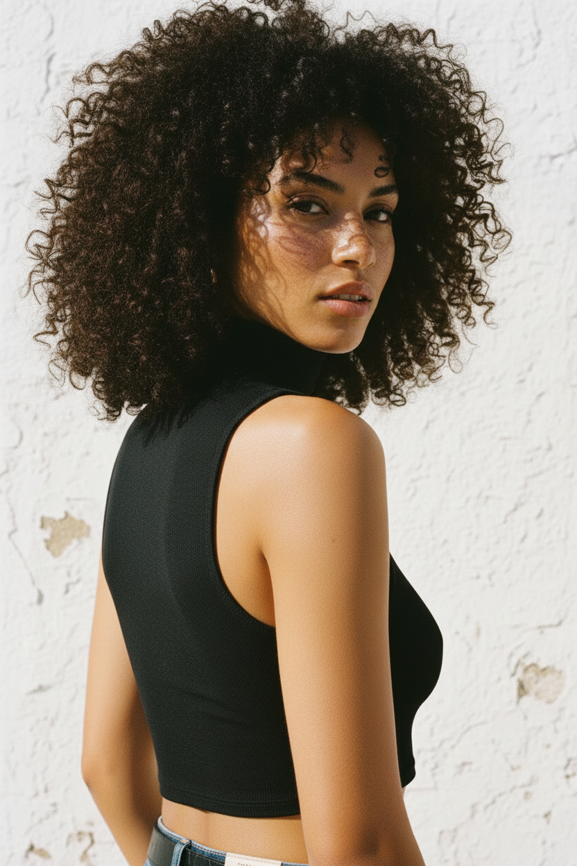 Black Ribbed Turtleneck Crop Top – Über Schulter