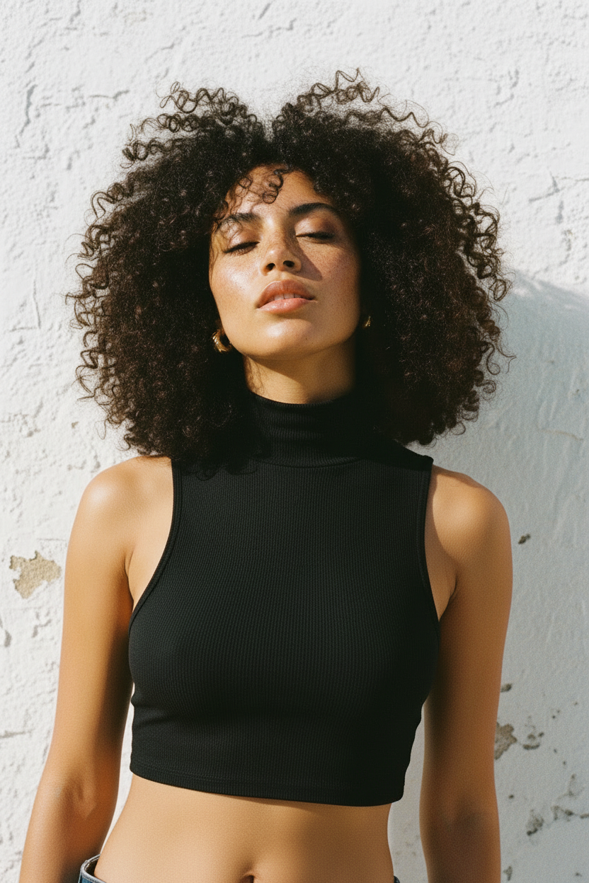 Black Ribbed Turtleneck Crop Top – Wand lehnend