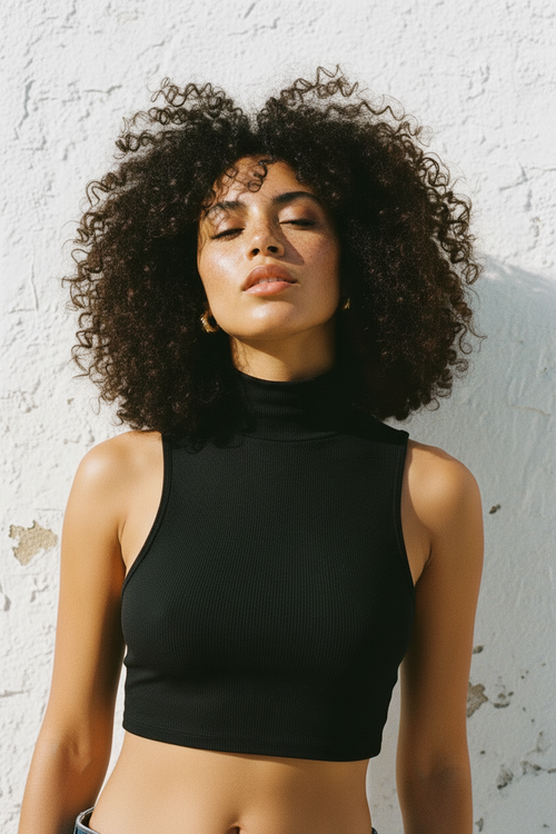 Black Ribbed Turtleneck Crop Top