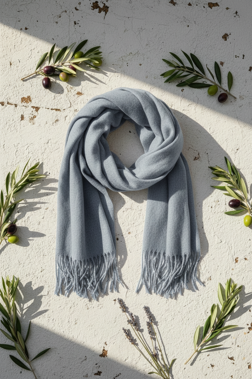 Blaugrau Kaschmir Schal – Flat Lay mit Oliven