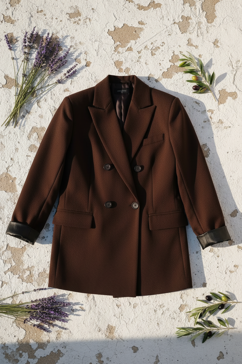 Blazerkleid Schokobraun – Flat Lay Lavendel Oliven
