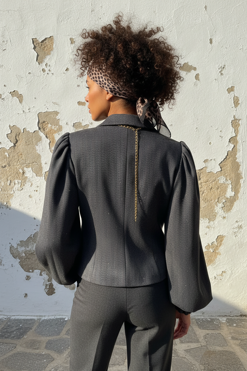 Schwarzer Glitzer Blazer mit Puffärmeln – LACLARA mediterrane Mode