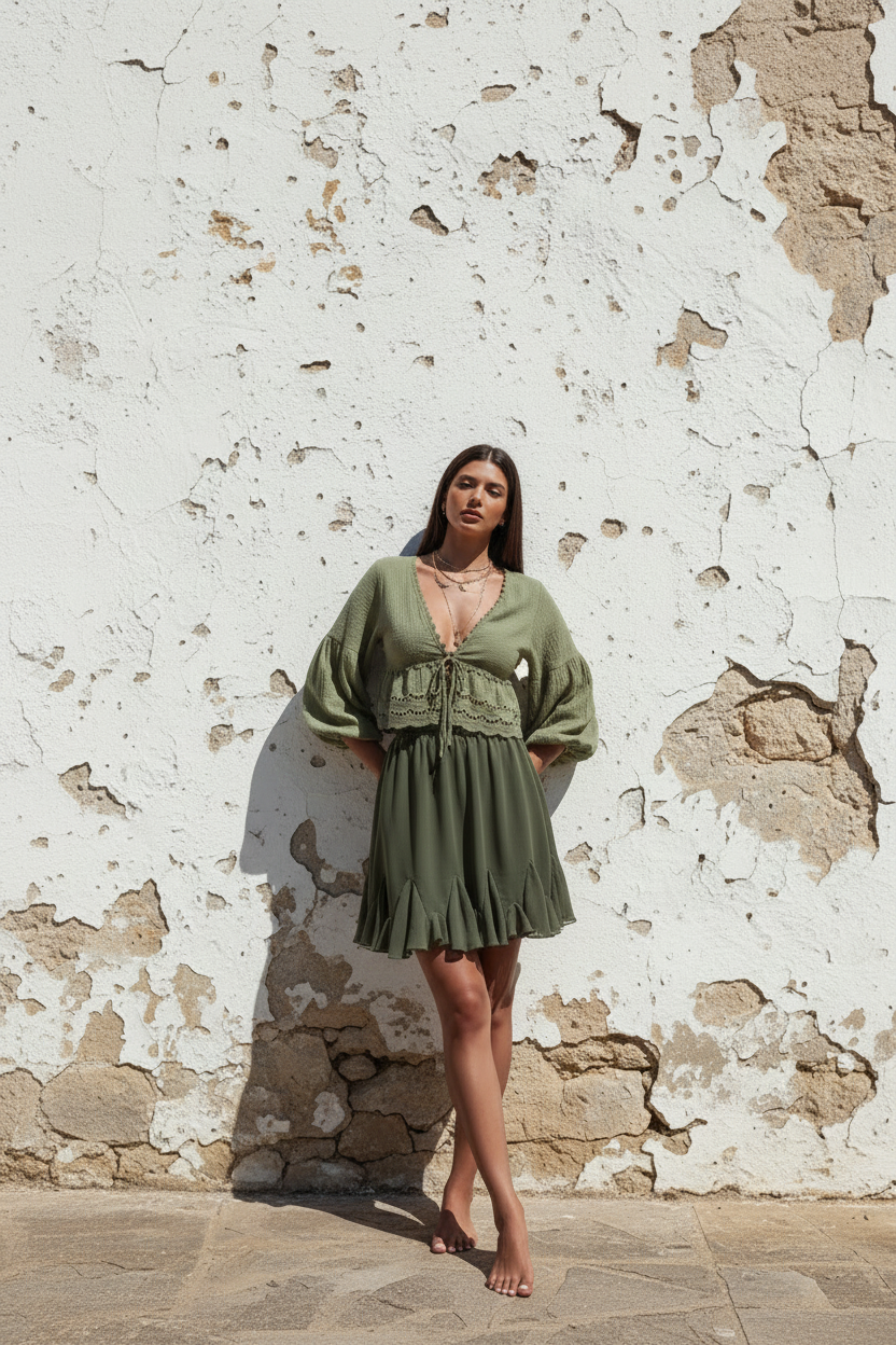 Boho Bluse Khaki Bluse und Rock