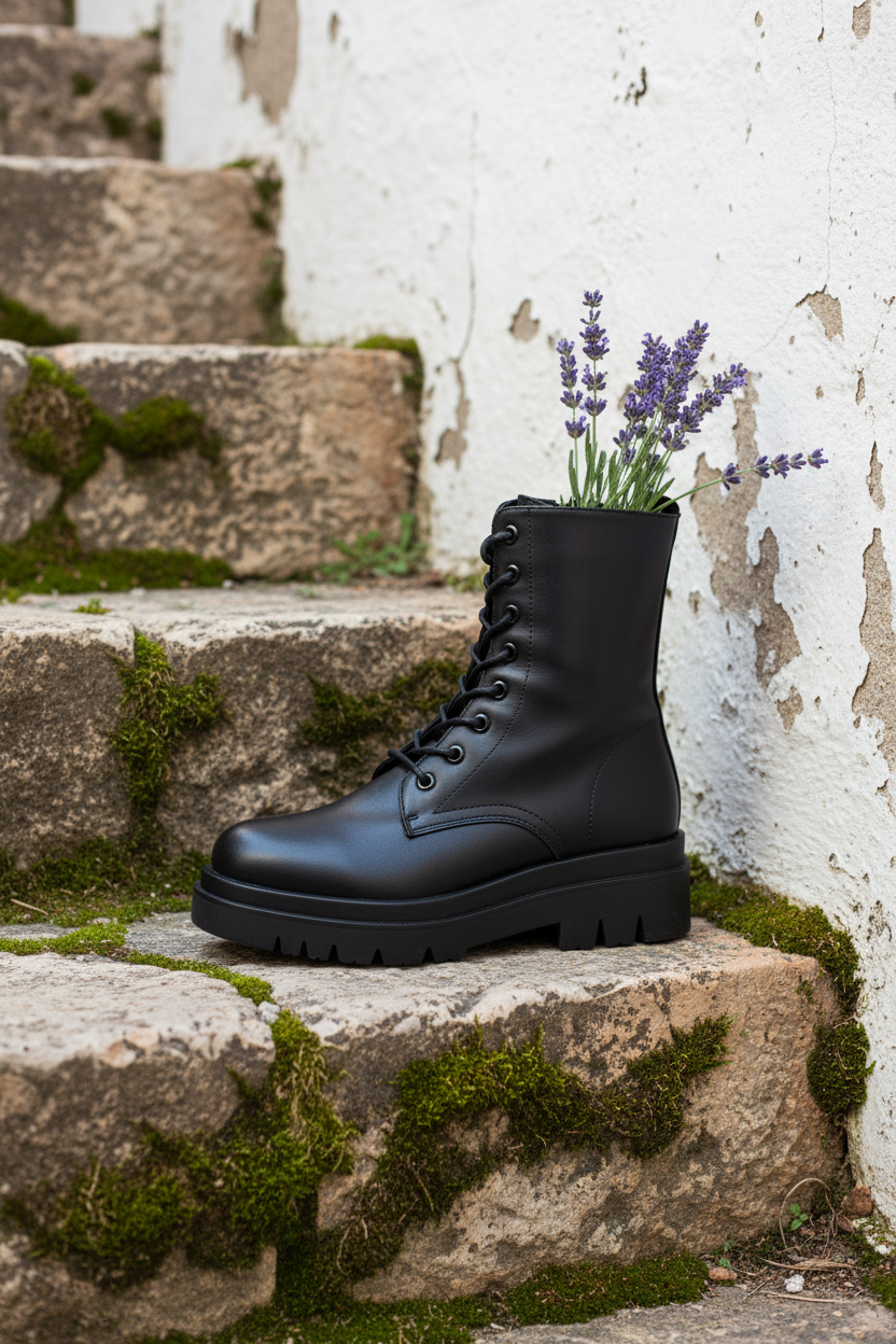 Schwarze Schnürstiefel auf mediterraner Steintreppe mit Lavendel
