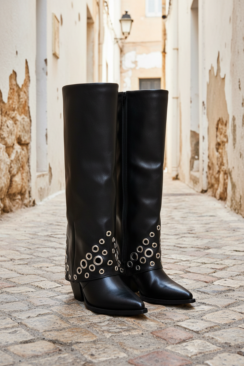 Kniehohe Stiefel schwarzes Leder Gasse