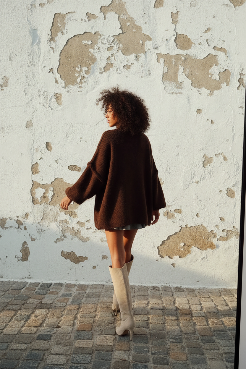 Kuscheliger Oversized Wollpullover Schokobraun – Rücken Locken