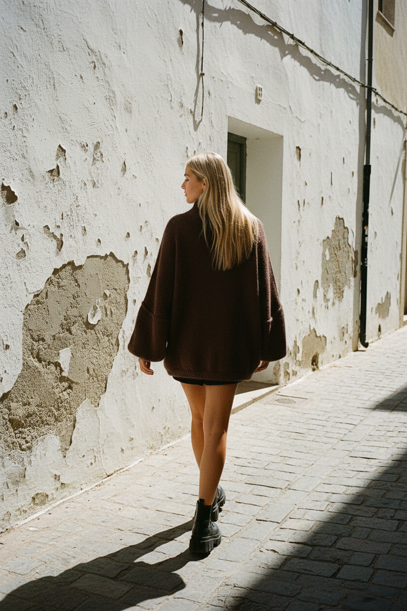Kuscheliger Oversized Wollpullover Schokobraun – Rücken
